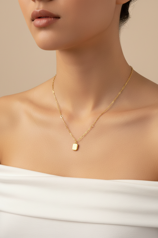 Floral Engraved Tag Pendant Necklace | 18K Gold Plated | Paperclip Chain