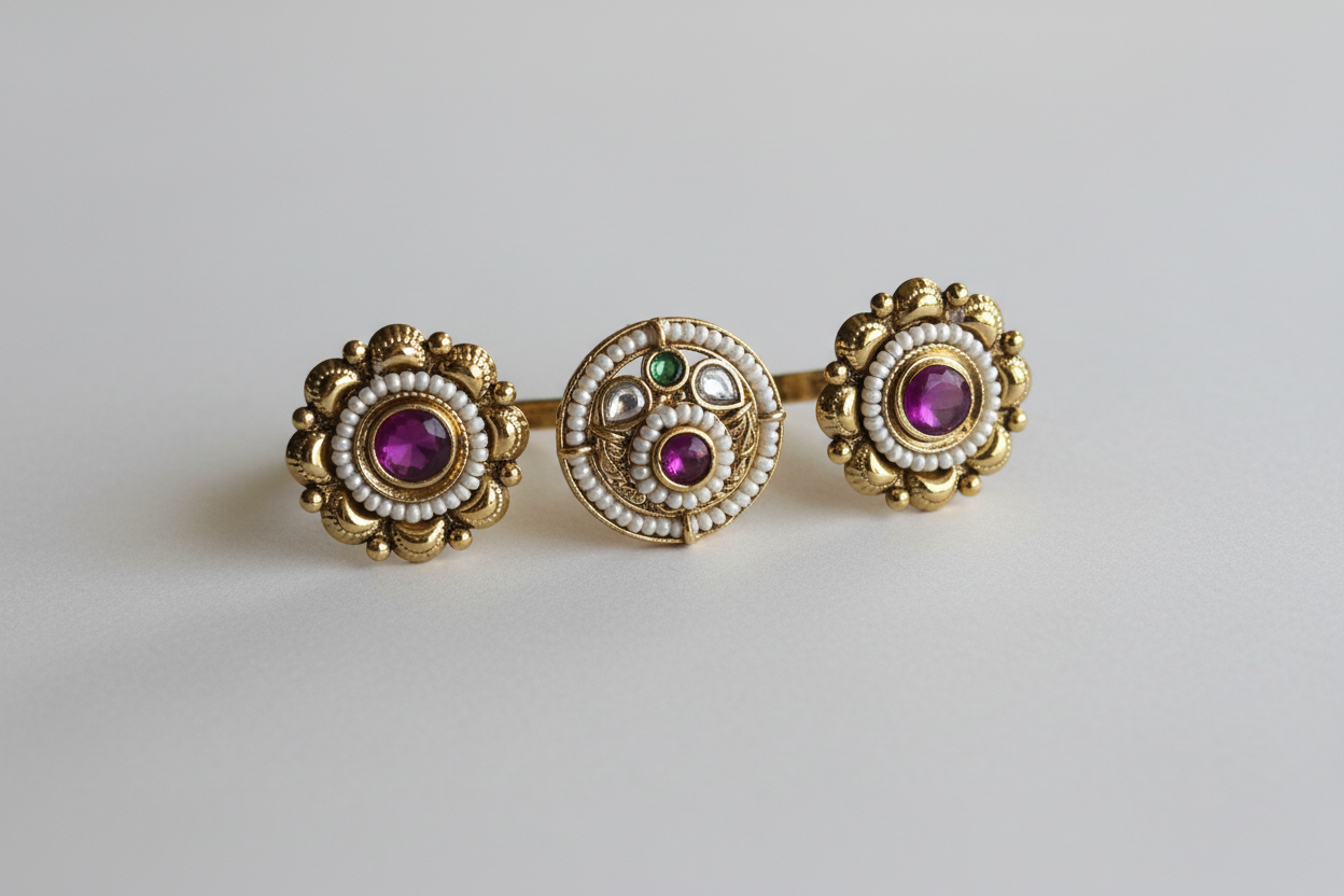 Set of three gold earrings with gemstones on a light gray background