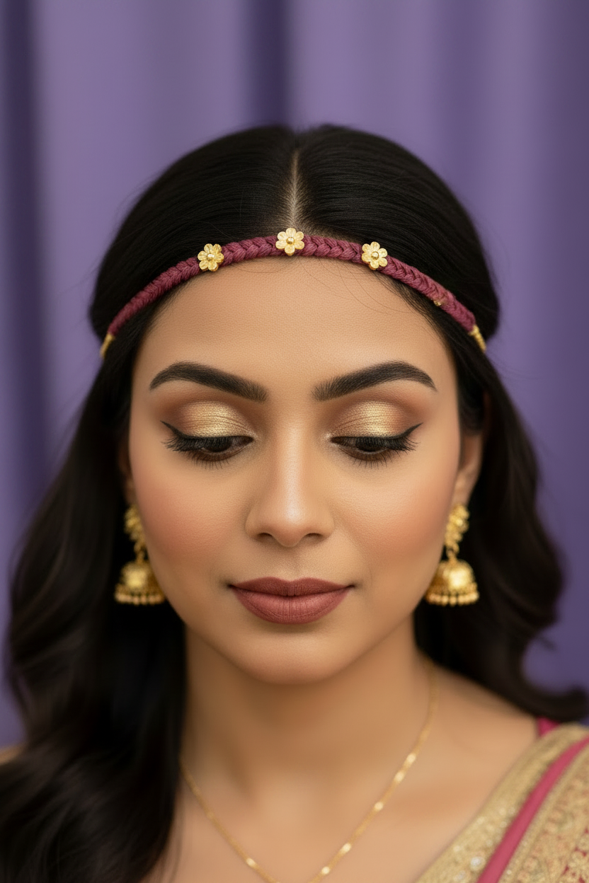 Woman wearing traditional ruby shishphool with a purple background