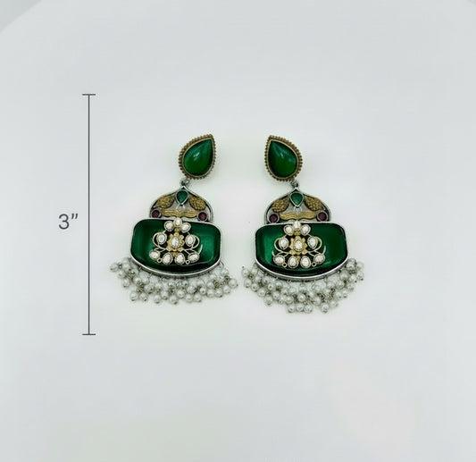 Emerald Green Temple Earrings with Pearl Fringe - Antique Gold Kundan Chandbali
