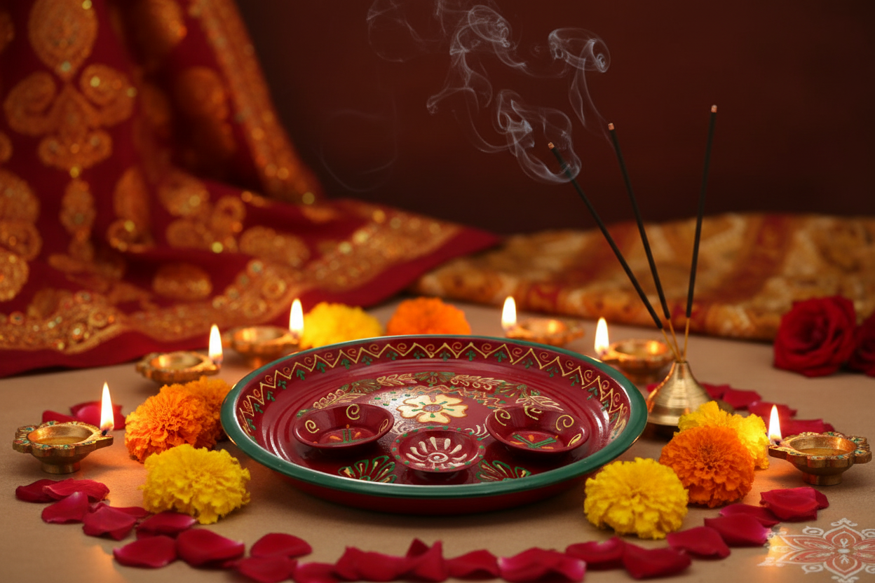 Decorative Pooja Thali Plate - Traditional Aarti Plate with Hand-Painted Designs