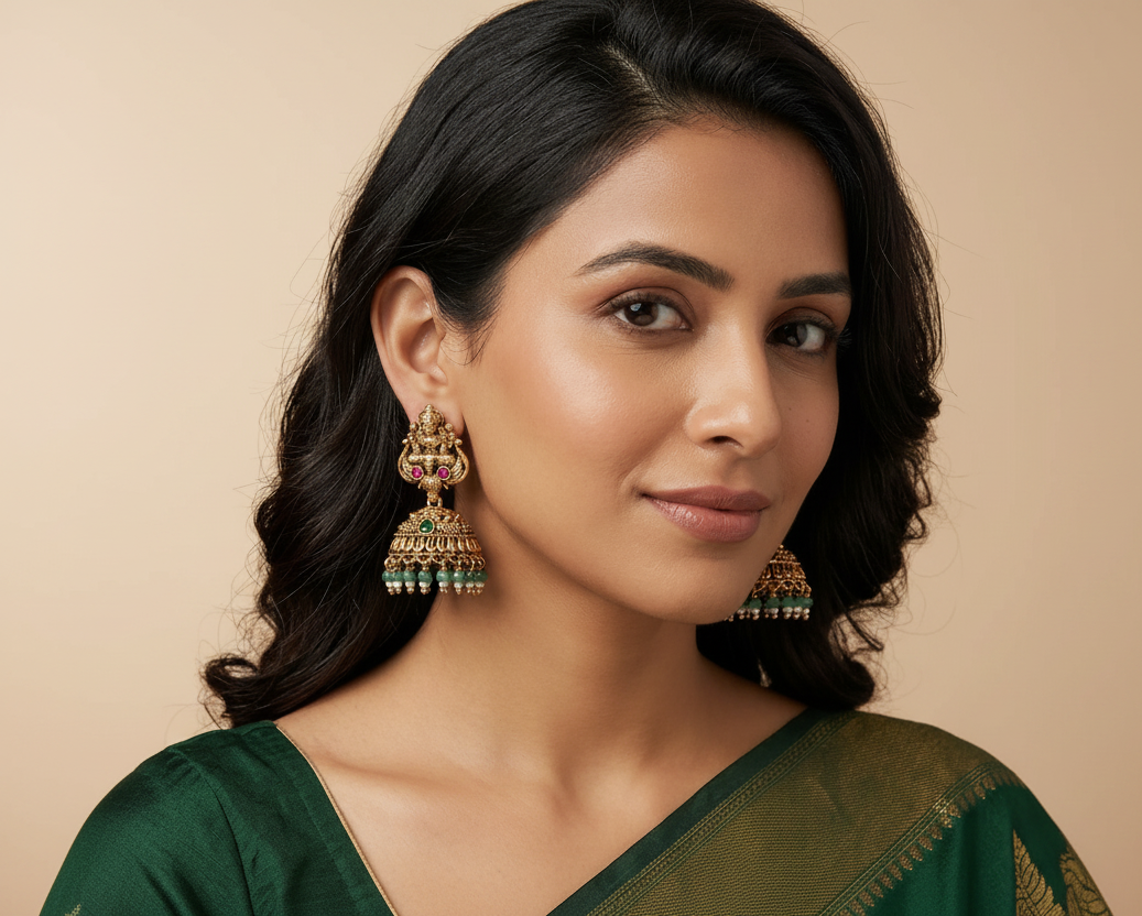 Woman wearing traditional earrings with a blurred architectural background