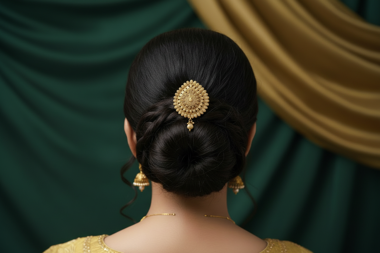 Woman with an elegant black hair bun adorned with gold hair brooch against a green curtain background