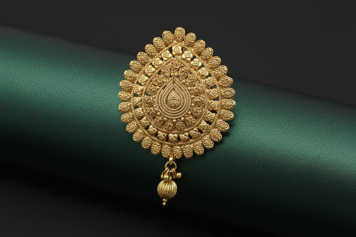 Gold decorative hair brooch on a green and black gradient background