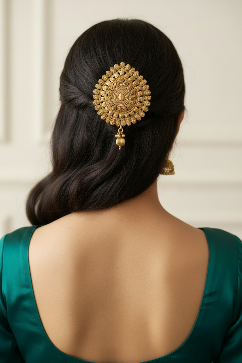 Woman with a gold plated hairpiece brooch and green blouse against a neutral background