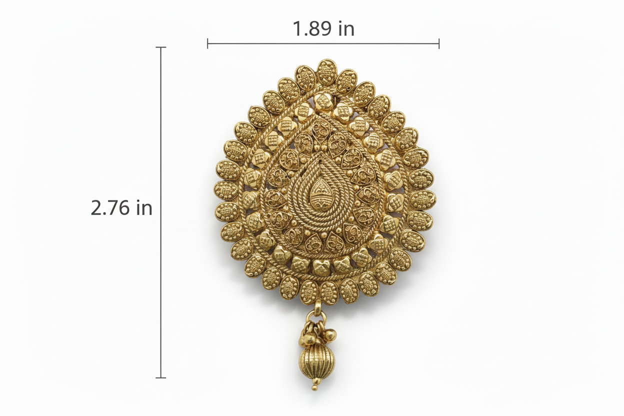 Gold decorative hair brooch with measurements on a white background