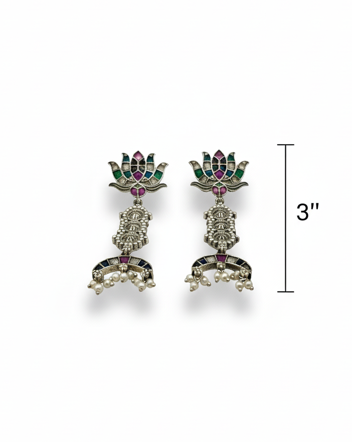 Lotus Temple Earrings with Pearl Drops - Oxidized Silver Chandbali