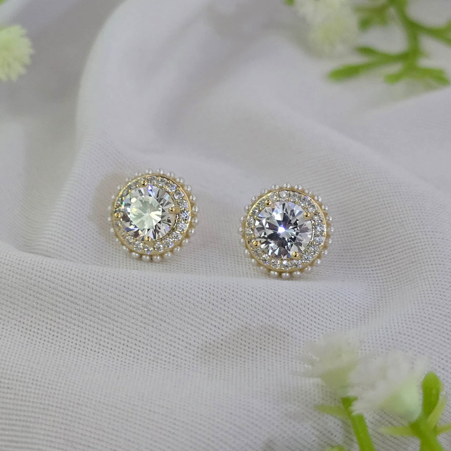 Round Solitaire Halo Stud Earrings – AD Crystal with Pearl Border & Gold Plating