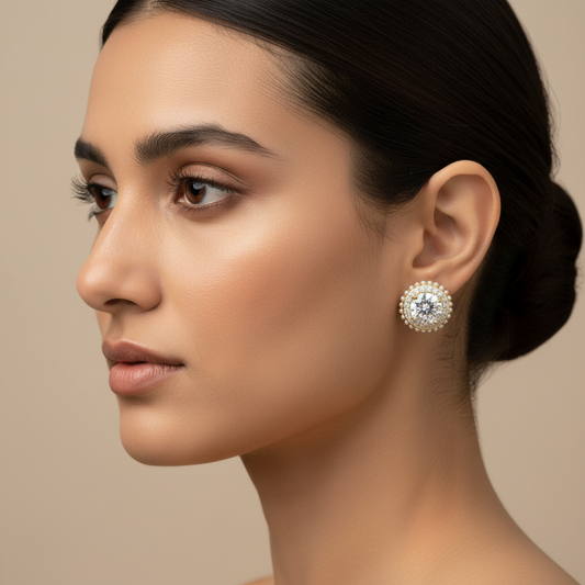 Round Solitaire Halo Stud Earrings – AD Crystal with Pearl Border & Gold Plating