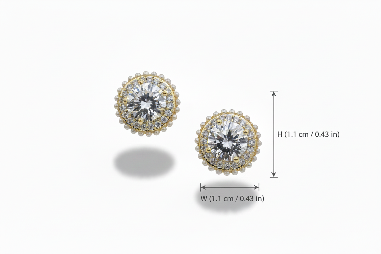 Round Solitaire Halo Stud Earrings – AD Crystal with Pearl Border & Gold Plating