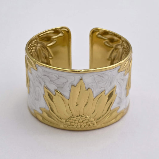 Gold Tone Sunflower Cuff Kada White Enamel Open-Back Bracelet