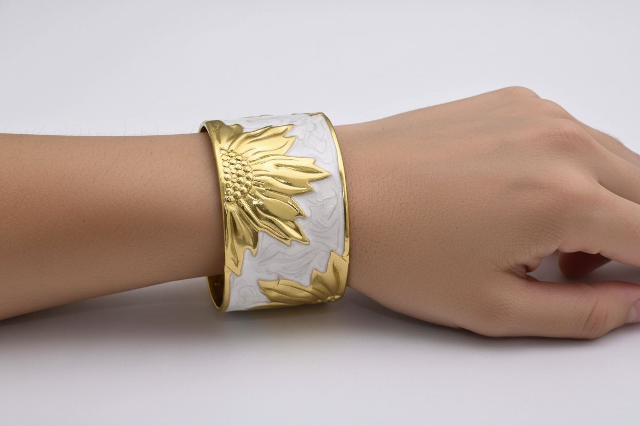 Gold Tone Sunflower Cuff Kada White Enamel Open-Back Bracelet
