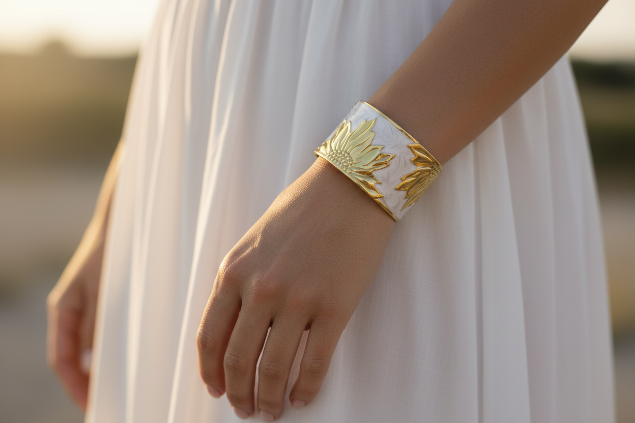 Gold Tone Sunflower Cuff Kada White Enamel Open-Back Bracelet