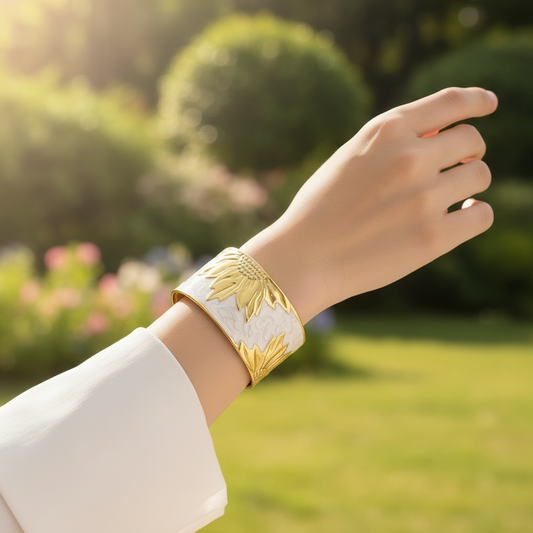 Gold Tone Sunflower Cuff Kada White Enamel Open-Back Bracelet