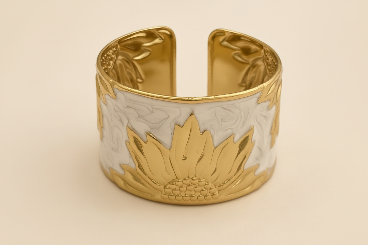 Gold Tone Sunflower Cuff Kada White Enamel Open-Back Bracelet