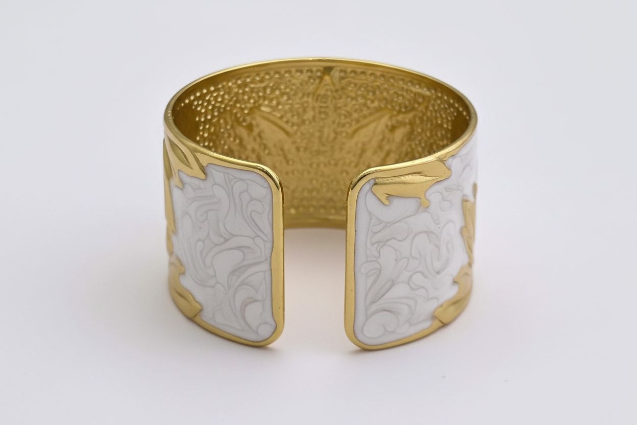 Gold Tone Sunflower Cuff Kada White Enamel Open-Back Bracelet
