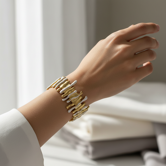Gold & White Enamel Wave Link Cuff Bracelet – Modern Statement Kada