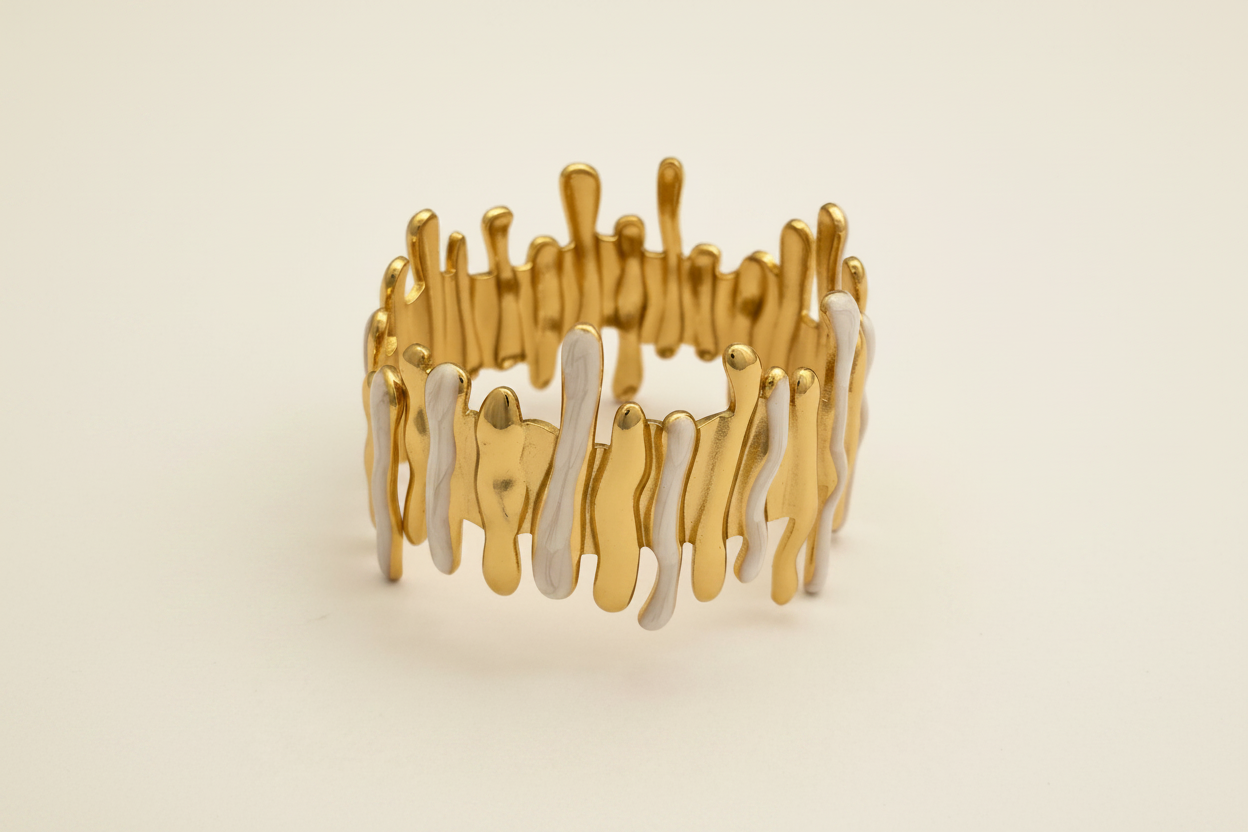 Gold & White Enamel Wave Link Cuff Bracelet – Modern Statement Kada