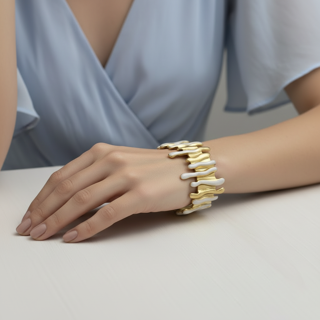 Gold & White Enamel Wave Link Cuff Bracelet – Modern Statement Kada