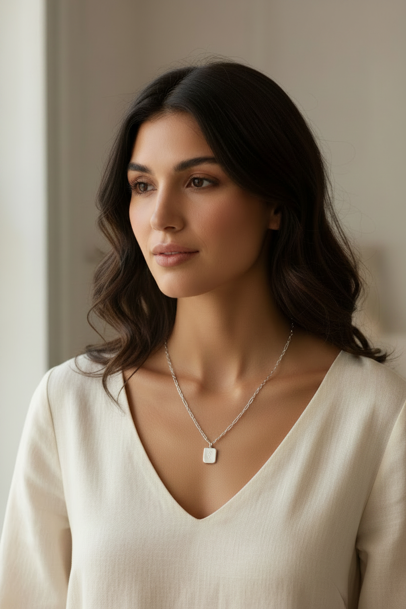 Floral Engraved Tag Pendant Necklace Silver stainless steel Paperclip Chain