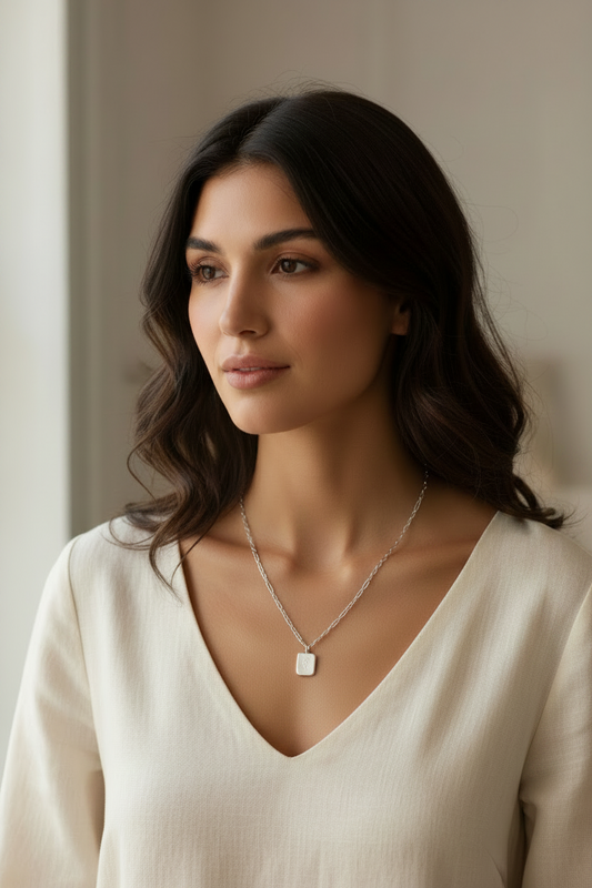 Floral Engraved Tag Pendant Necklace Silver stainless steel Paperclip Chain