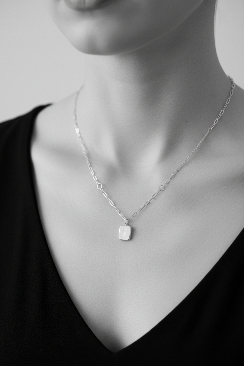 Floral Engraved Tag Pendant Necklace Silver stainless steel Paperclip Chain