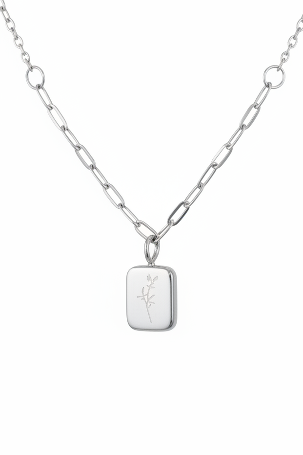 Floral Engraved Tag Pendant Necklace Silver stainless steel Paperclip Chain