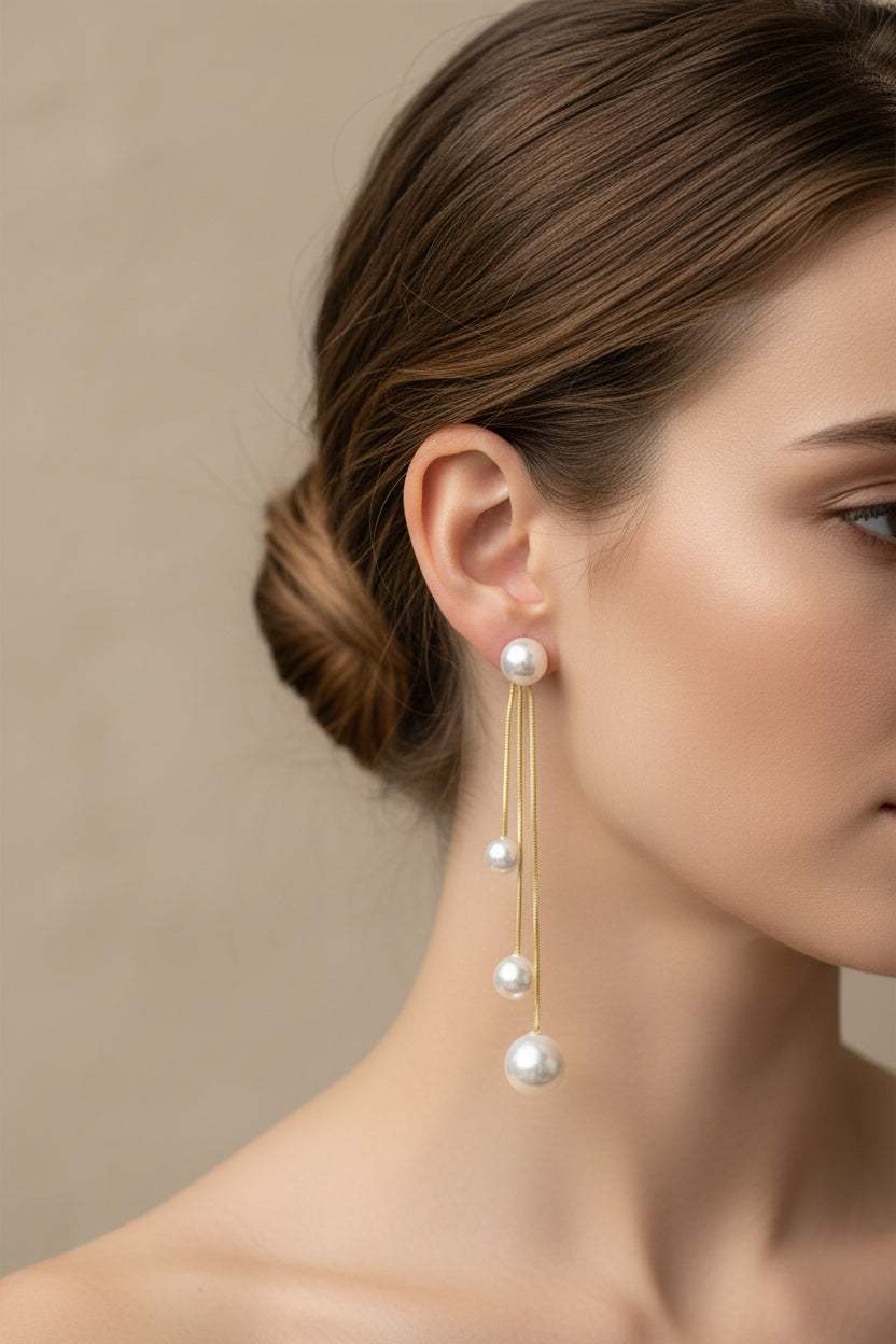 pearl long drop earrings with anti tarnish gold plated hooks style women wearing on a being background