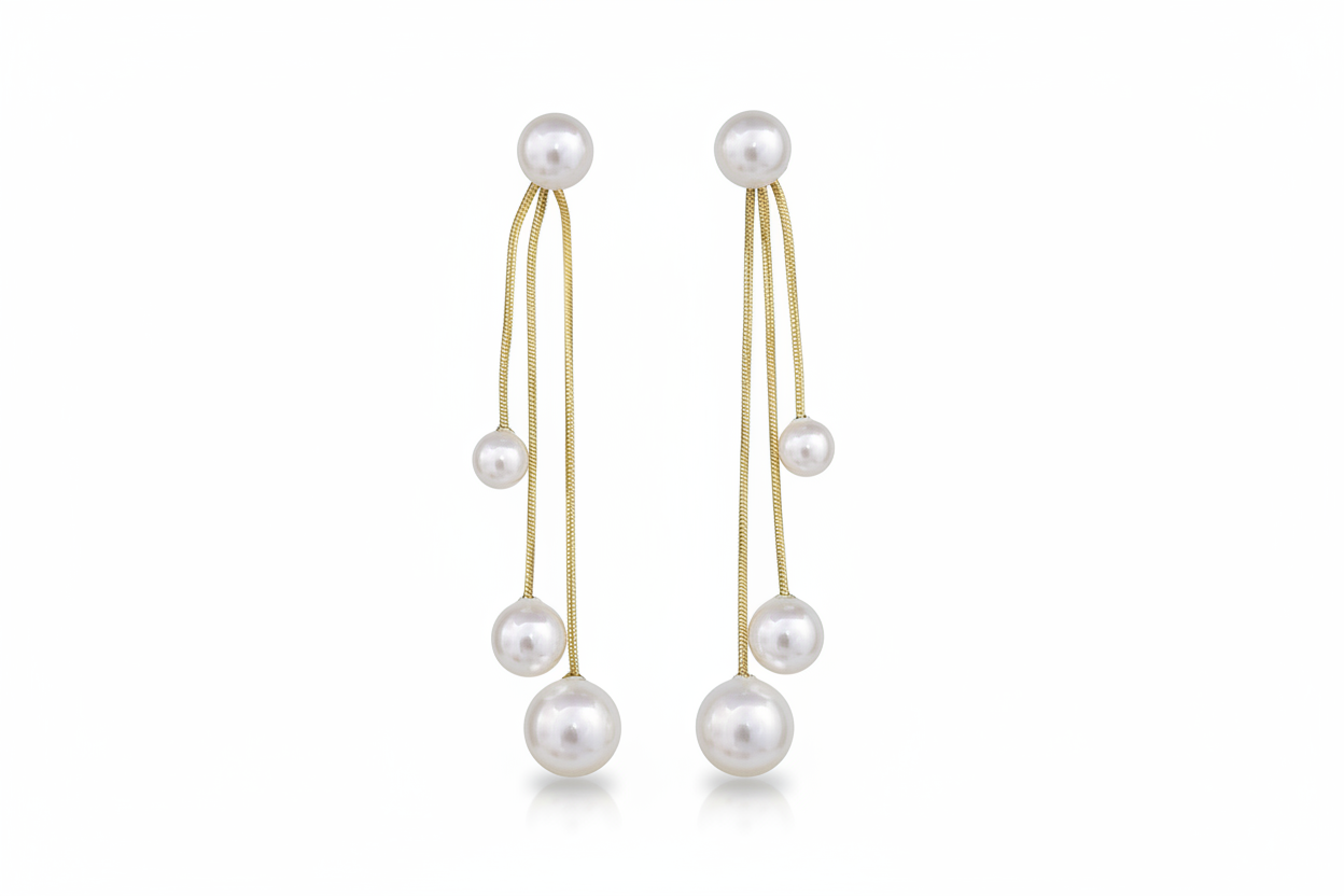 Graduated Triple Pearl Drop Earrings – Anti-Tarnish Gold Snake Chain