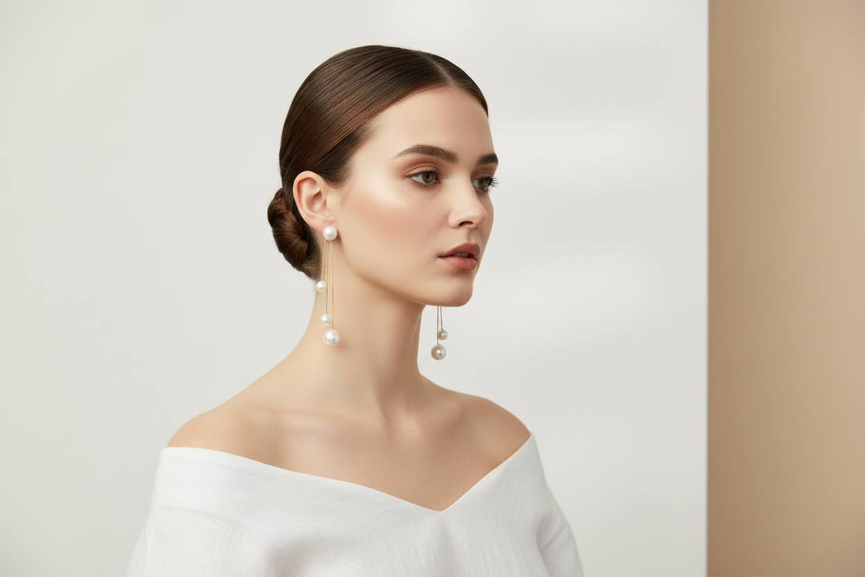 Woman wearing pearl earrings against a neutral background
