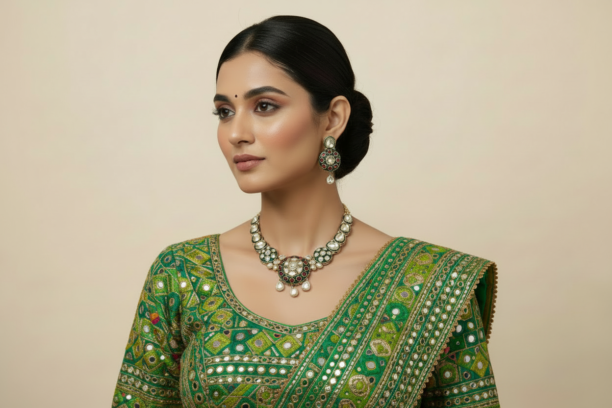 Woman wearing a green traditional outfit with jewelry on a beige background