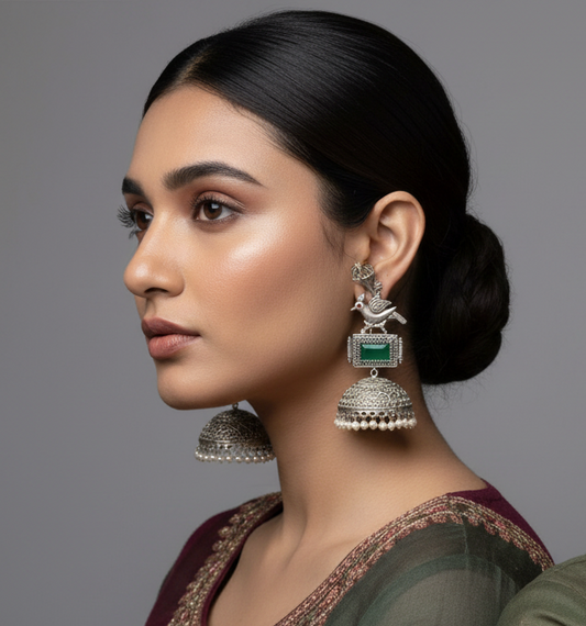 Peacock Jhumka Earrings - Oxidized Silver Temple Earrings with Green Stone & Pearl Fringe