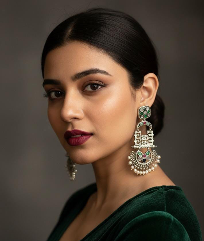 Woman wearing large, ornate earrings against a dark background