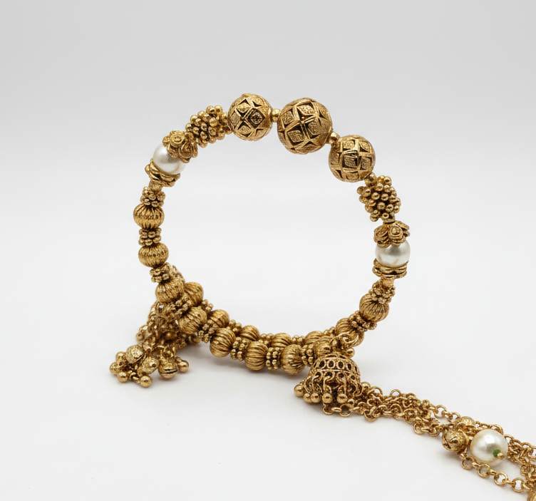 Antique Beaded Bracelet With Jhumka Tassel Drops | Matte Gold Plated Adjustable
