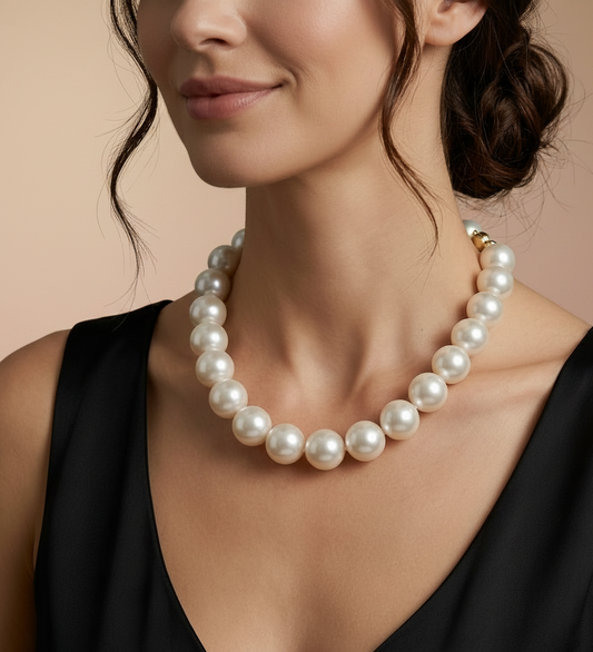 Woman wearing a pearl necklace with a blurred background