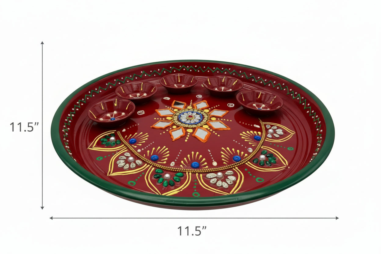 Decorative Pooja Thali Plate - Traditional Aarti Plate with Hand-Painted Designs