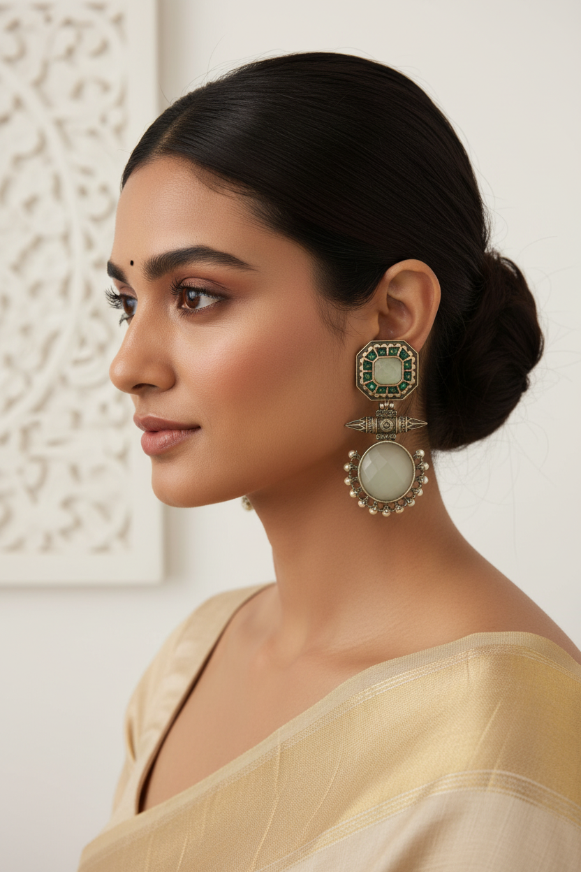Woman wearing large, ornate earrings with a neutral background