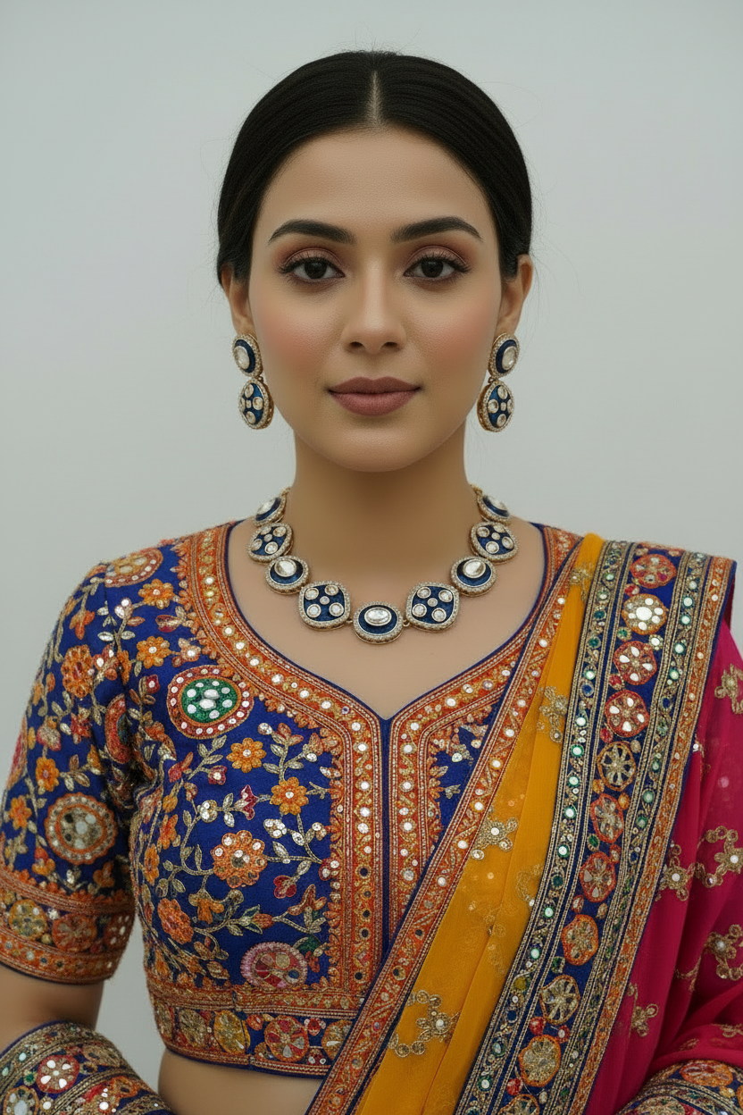 Woman wearing a traditional embroidered saree with blue necklace set jewelry against a plain background