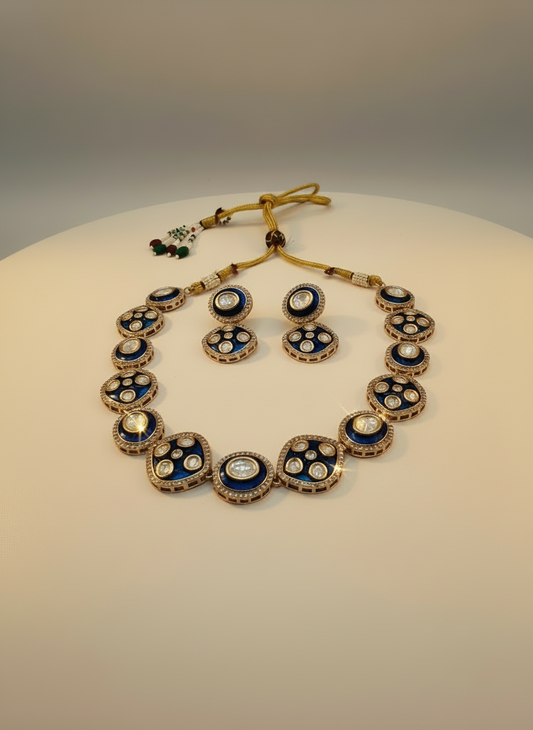 Kundan Polki Necklace Set with Earrings - Blue & White Stone Bridal Jewelry