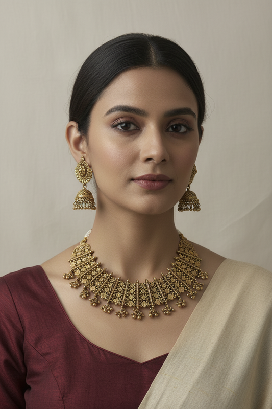 Antique Gold Temple Necklace Set with Jhumka Earrings - Traditional Indian Bridal Jewelry