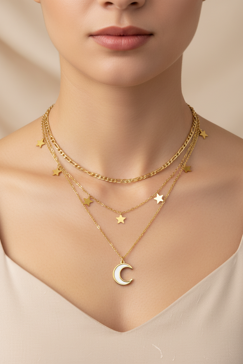 anti tarnish water proof 18k Gold plated necklaces with star and moon pendants on a neutral background