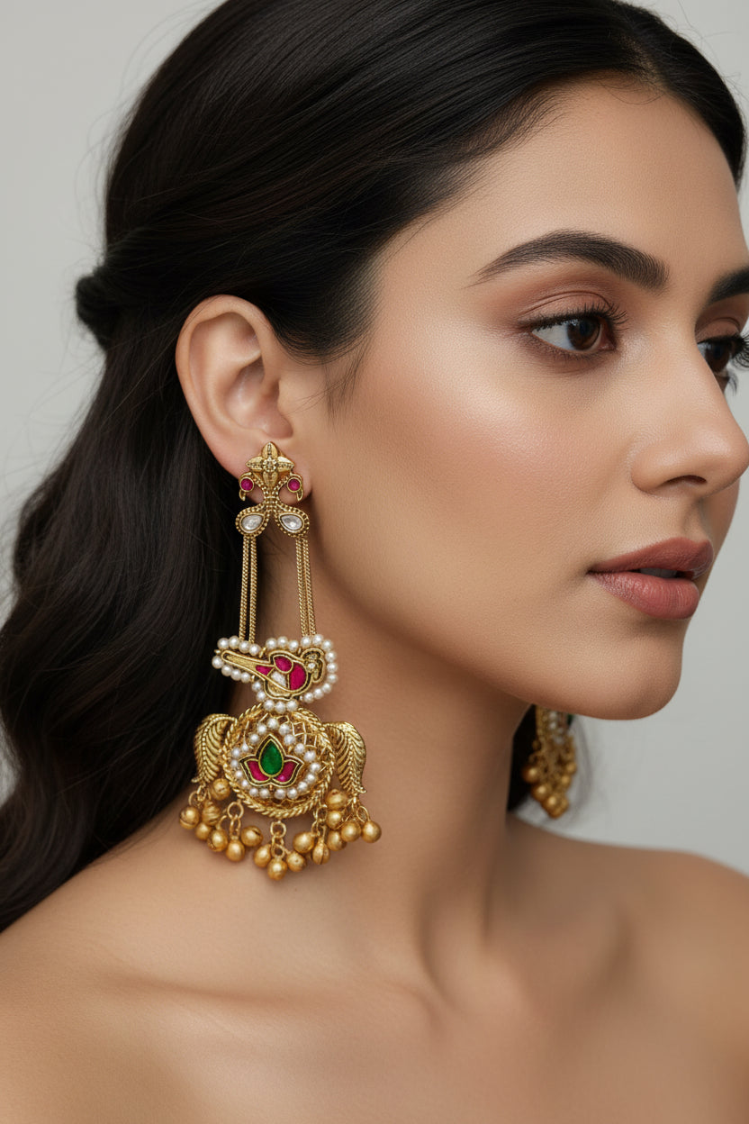 Pair of ornate gold earrings with red and green gemstones on a light gray background