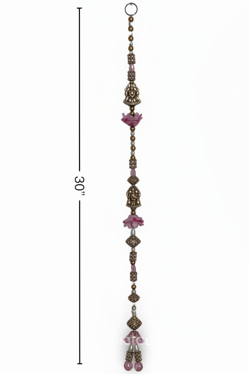 Decorative string with pink floral elements and measurements on a white background