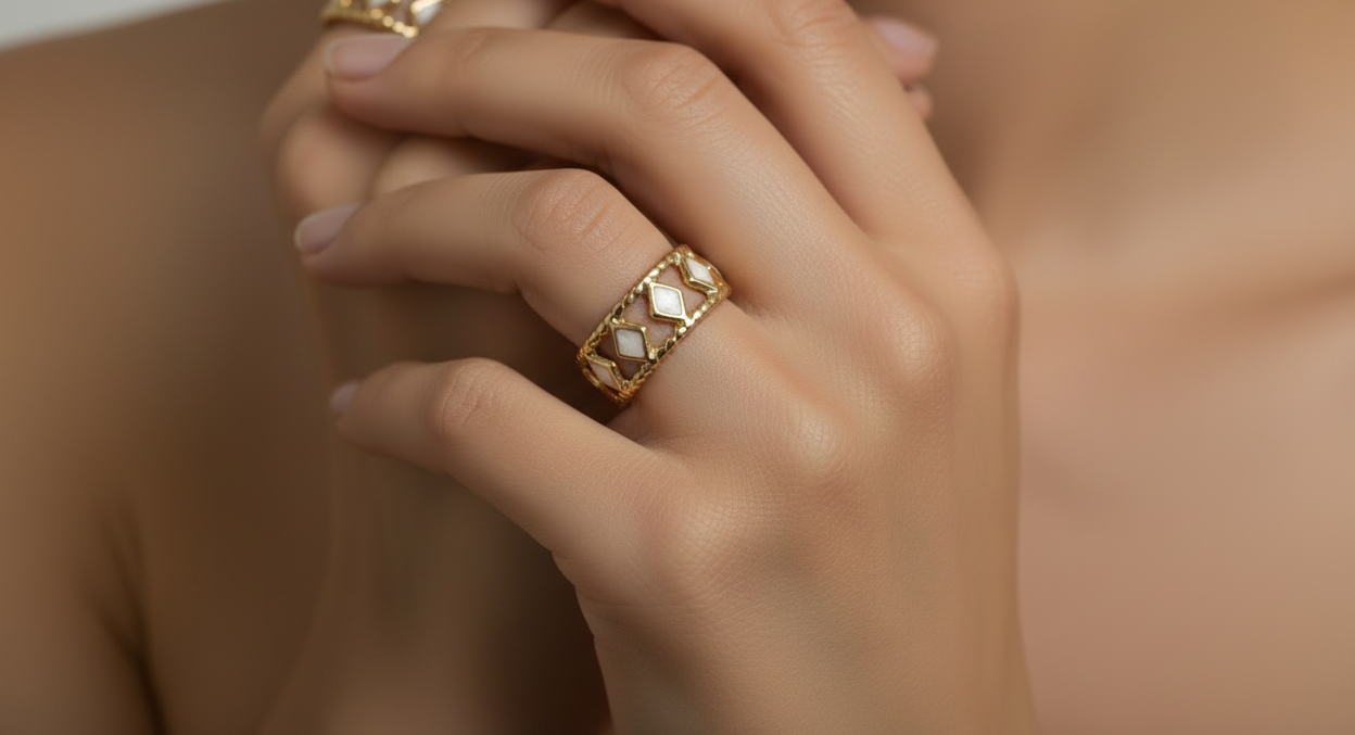 White Enamel Quilted Diamond Open Cuff Ring | 18K Gold Plated | Adjustable