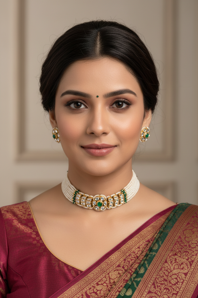 Woman wearing a traditional saree with jewelry against a neutral background