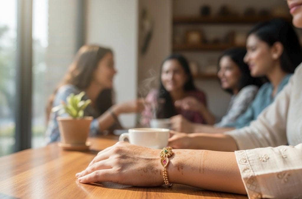 Group of people sitting around a table with a focus on a person's hand wearing a bracelet.
