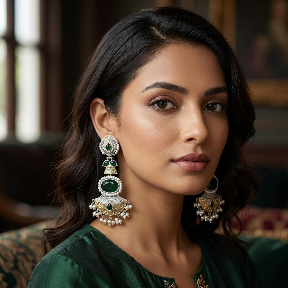 Woman wearing large double tone green stone oxidized earring in a softly blurred indoor setting