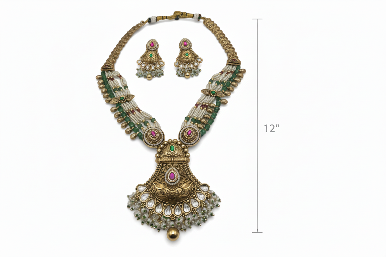 Antique Gold Temple Jewelry Long Necklace Set with Chandbali Earrings