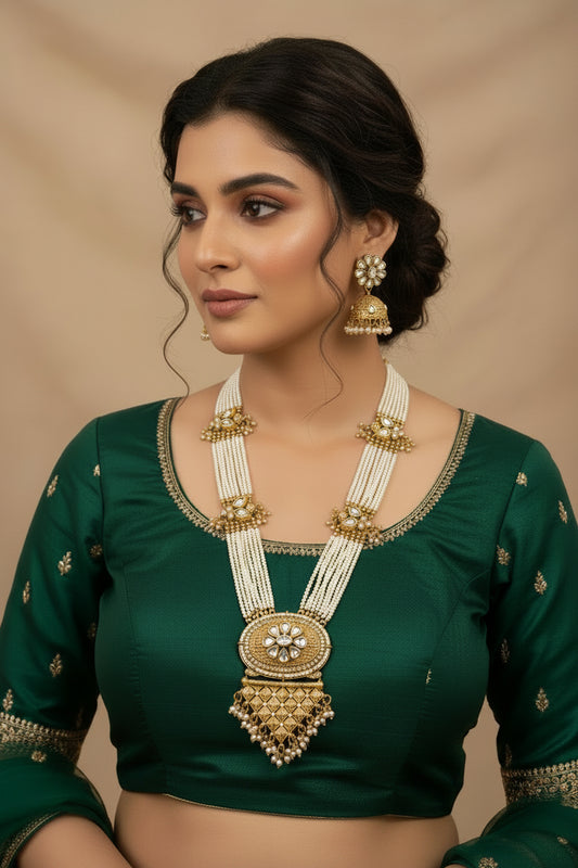 Royal Pearl Polki Rani Haar Necklace Set with Jhumka Earrings – Bridal Indian Jewelry