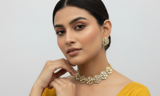 Woman wearing a yellow saree with gold jewelry on a plain background